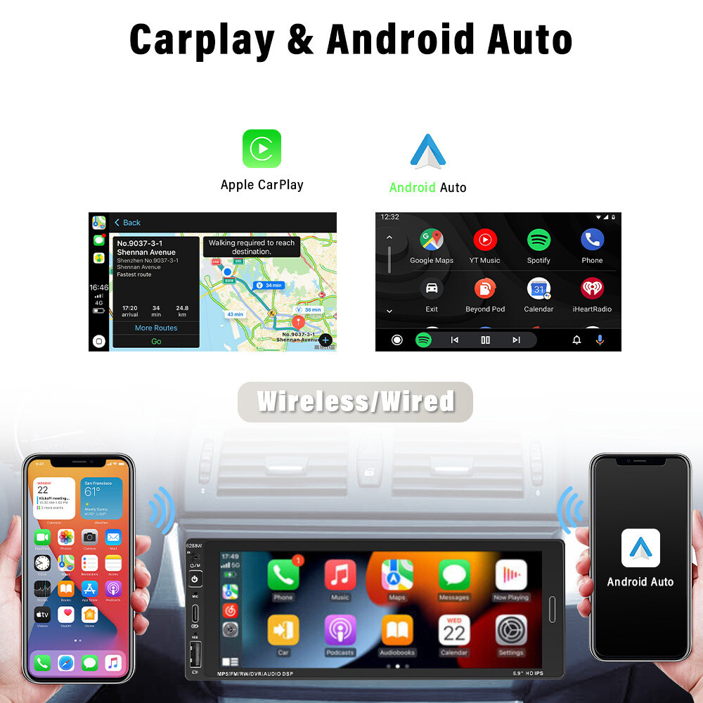 Single Din Car Stereo Wireless Apple Carplay 6.9 Touchscreen Bluetooth Radio Usb