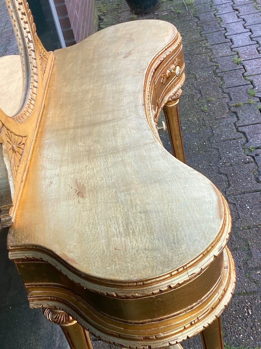 Vanity table with mirror French Louis XVI 1940s Gilt Beech Dressing Set