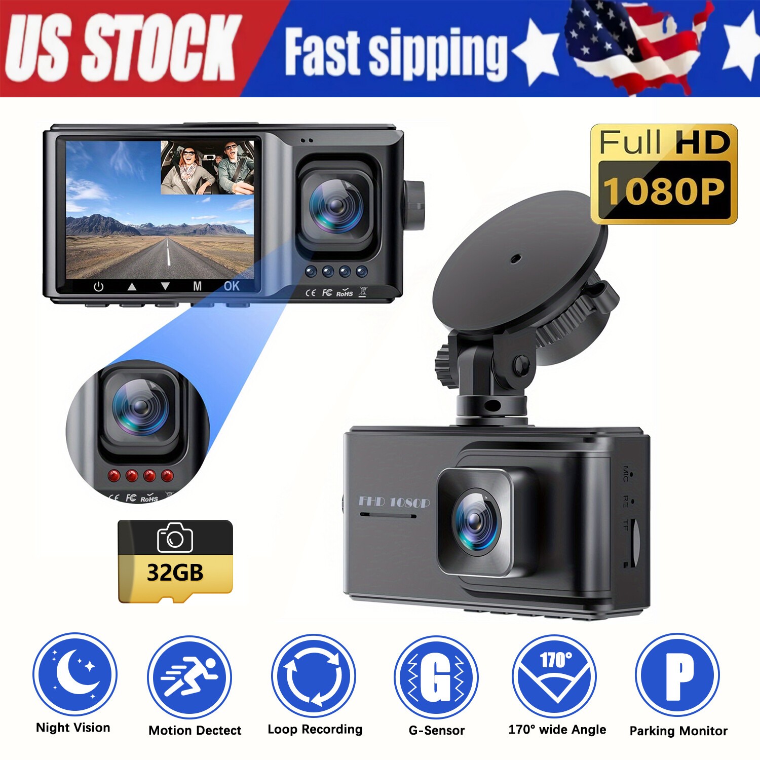 1080P Dash Cam Motion Detect Front and Inside Dual Dash Camera W/ 32GB SD Card
