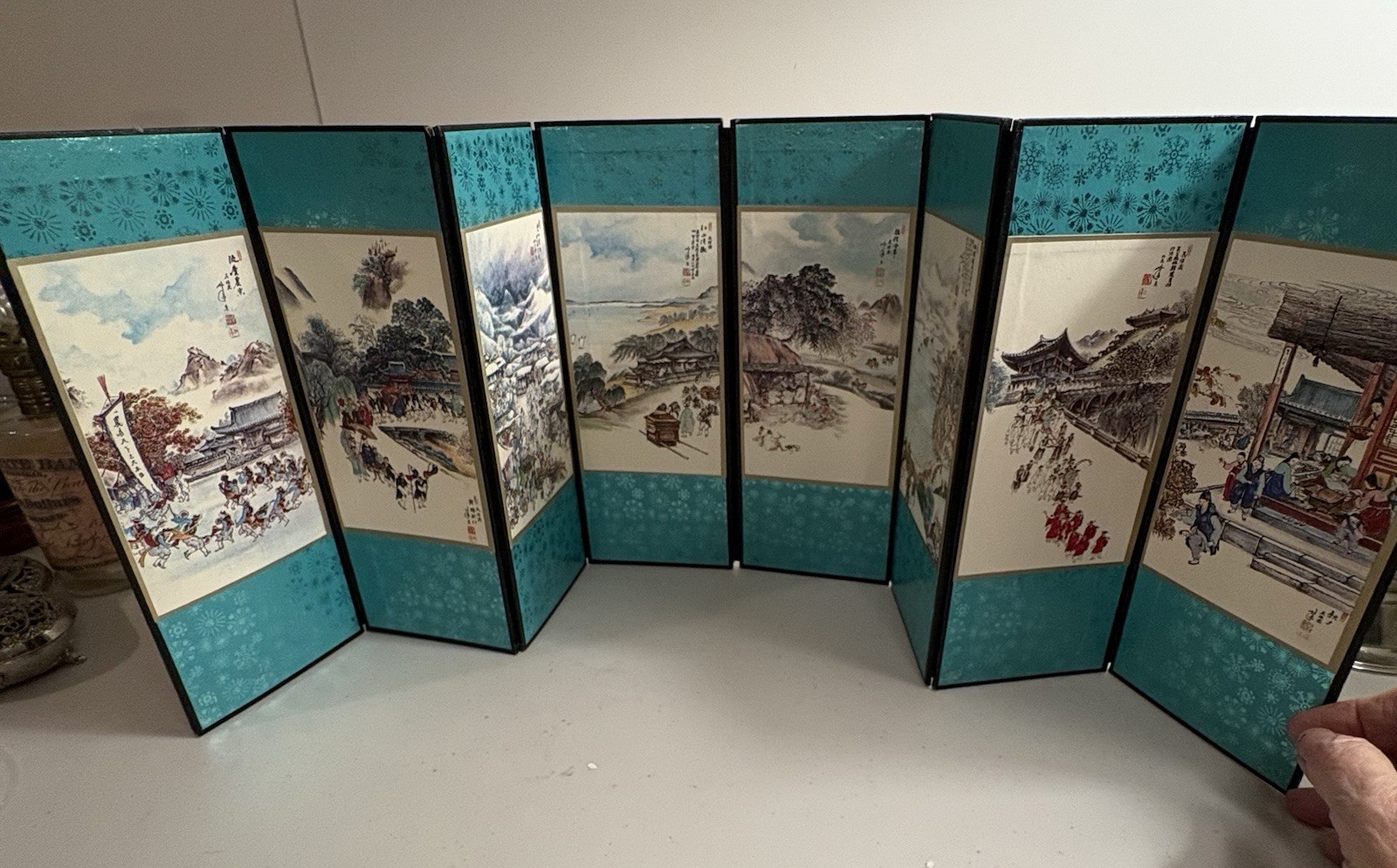 Vintage Chinese Seasonal Art On A Mini Folding Screen