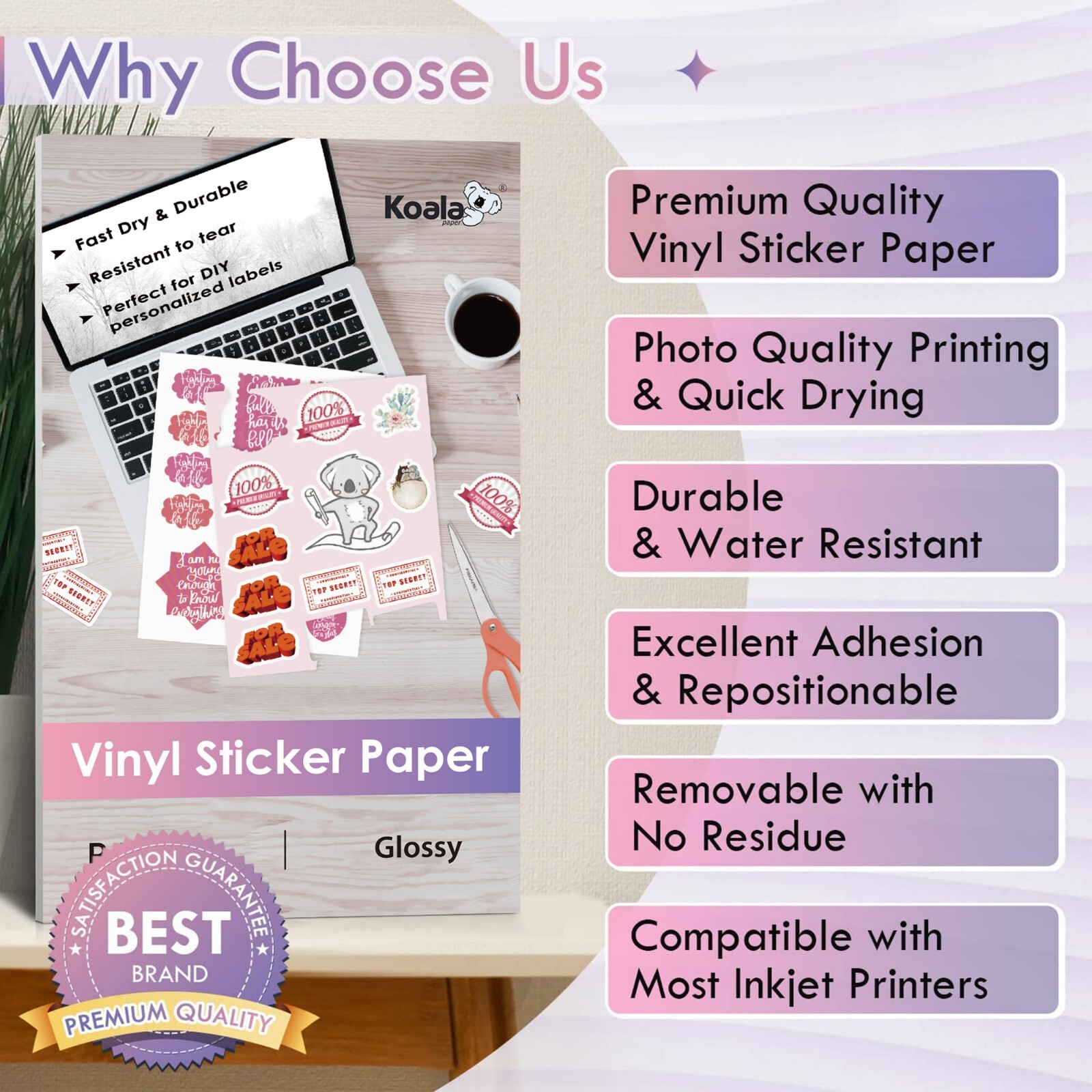 120 Sheet Koala Vinyl Sticker Paper 13x19 Glossy Waterproof Inkjet Laser Printer