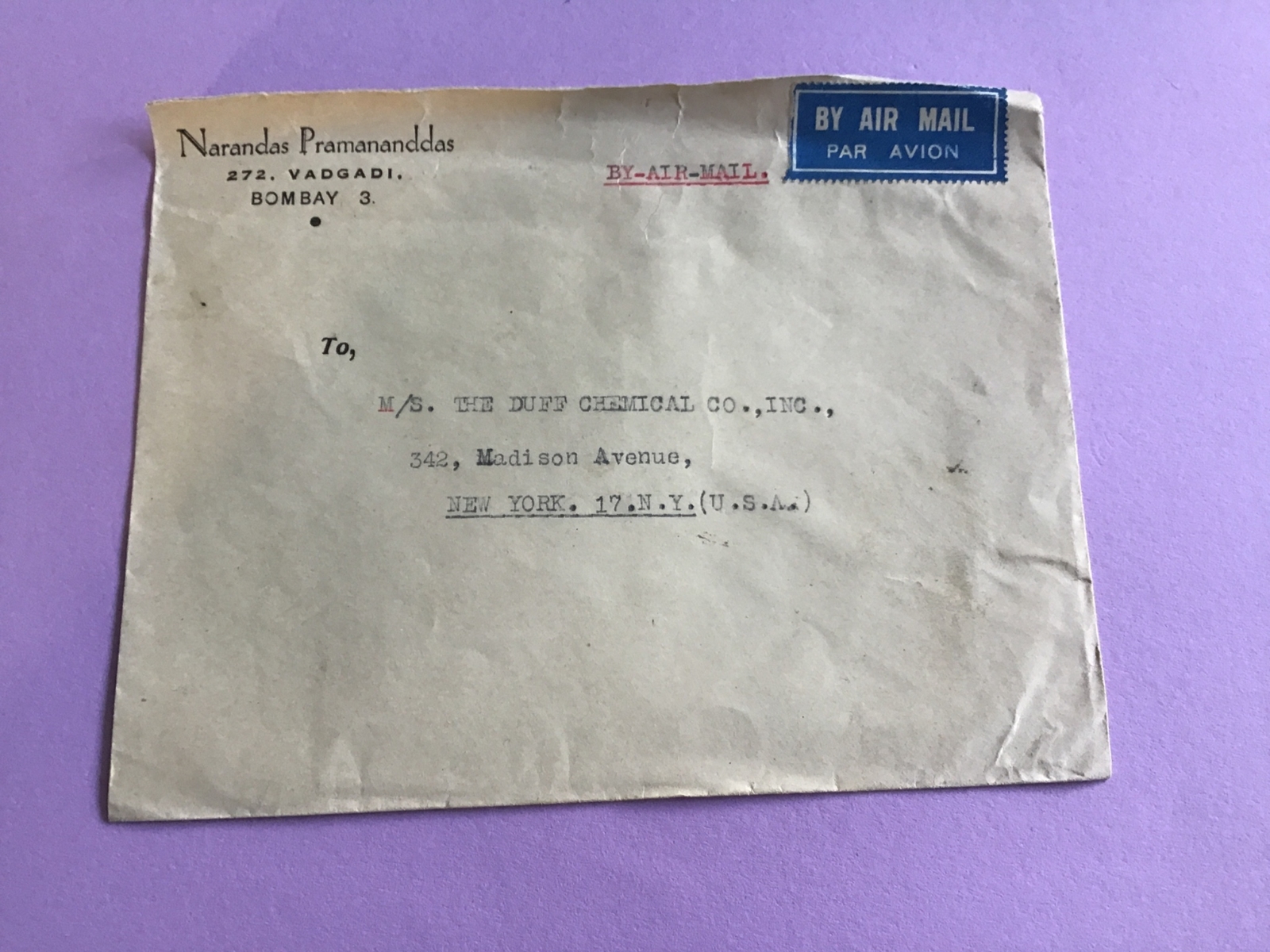 India Air Mail to U.S.A. Vintage Stamp  Cover R45897