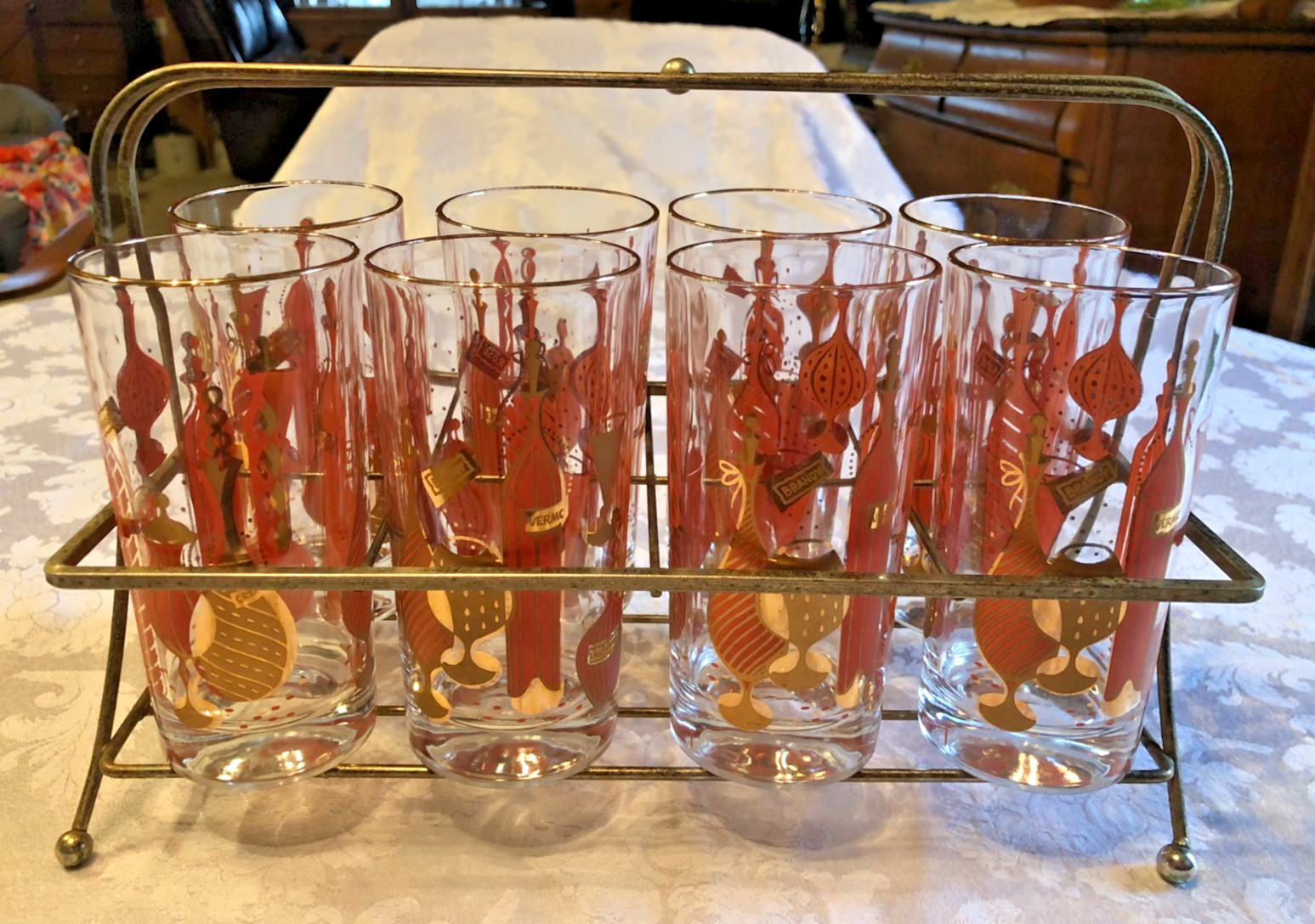 MCM Gay Fad Bordeaux Barware Highball Glasses 5.5” Set Of 8 in Carrier Caddy