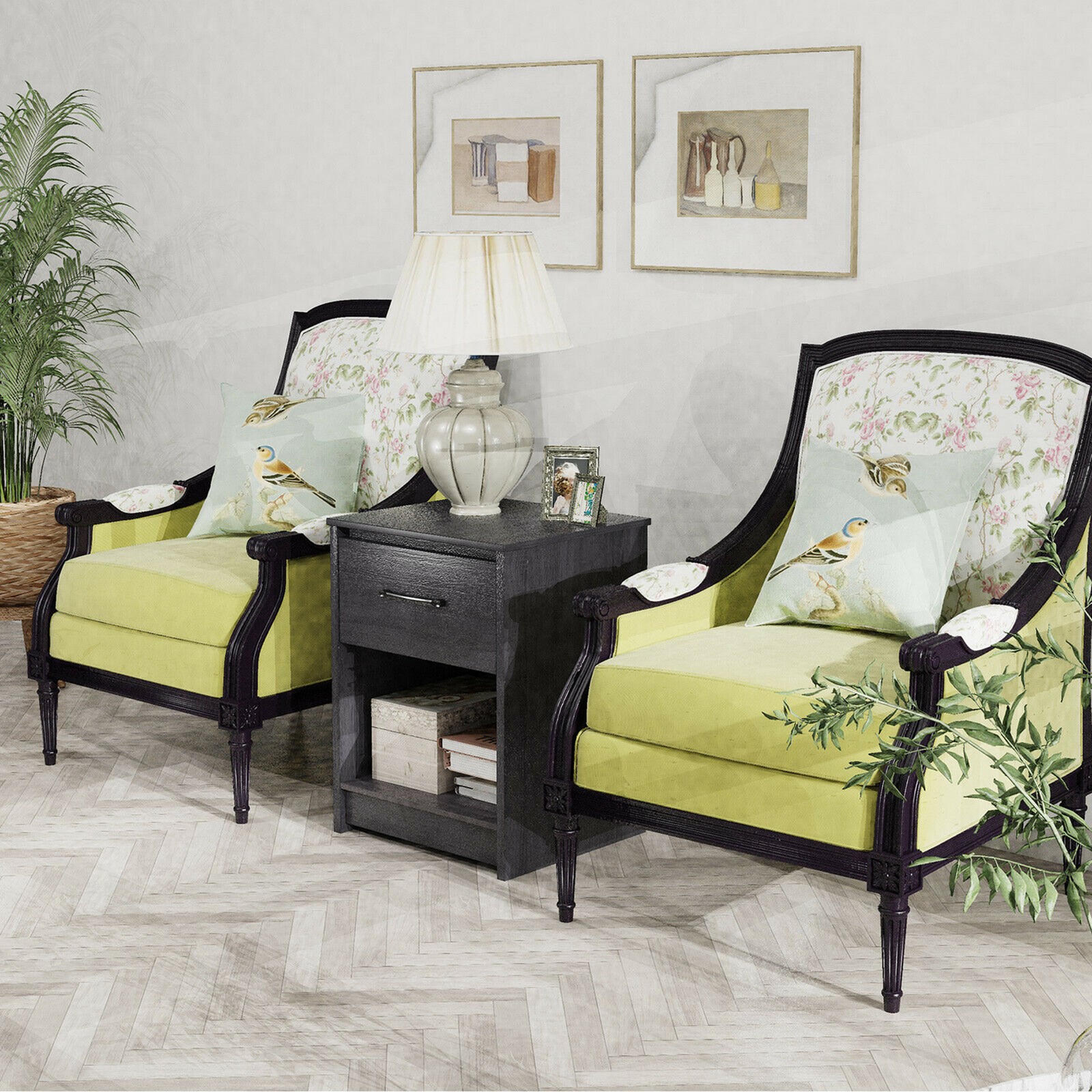 Nightstand with Drawer Storage Shelf Wooden End Side Table Bedroom Black