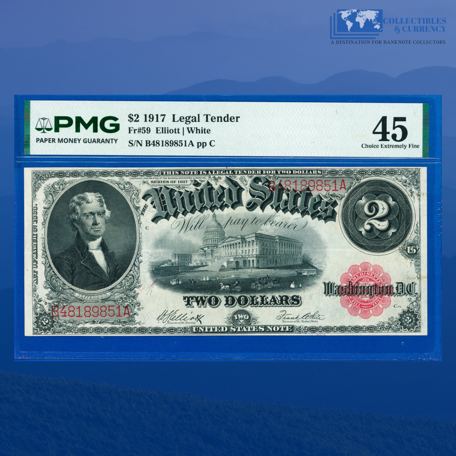 Fr.59 1917 $2 Two Dollars "BRACELET REVERSE" Legal Tender, PMG XF 45 #89851