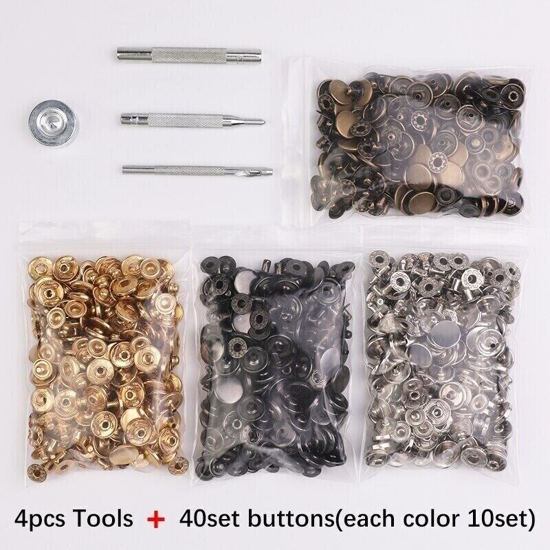 Leather Snap Fasteners Kit 10/12/15mm Metal Button Snaps Press Studs With 4 Tool