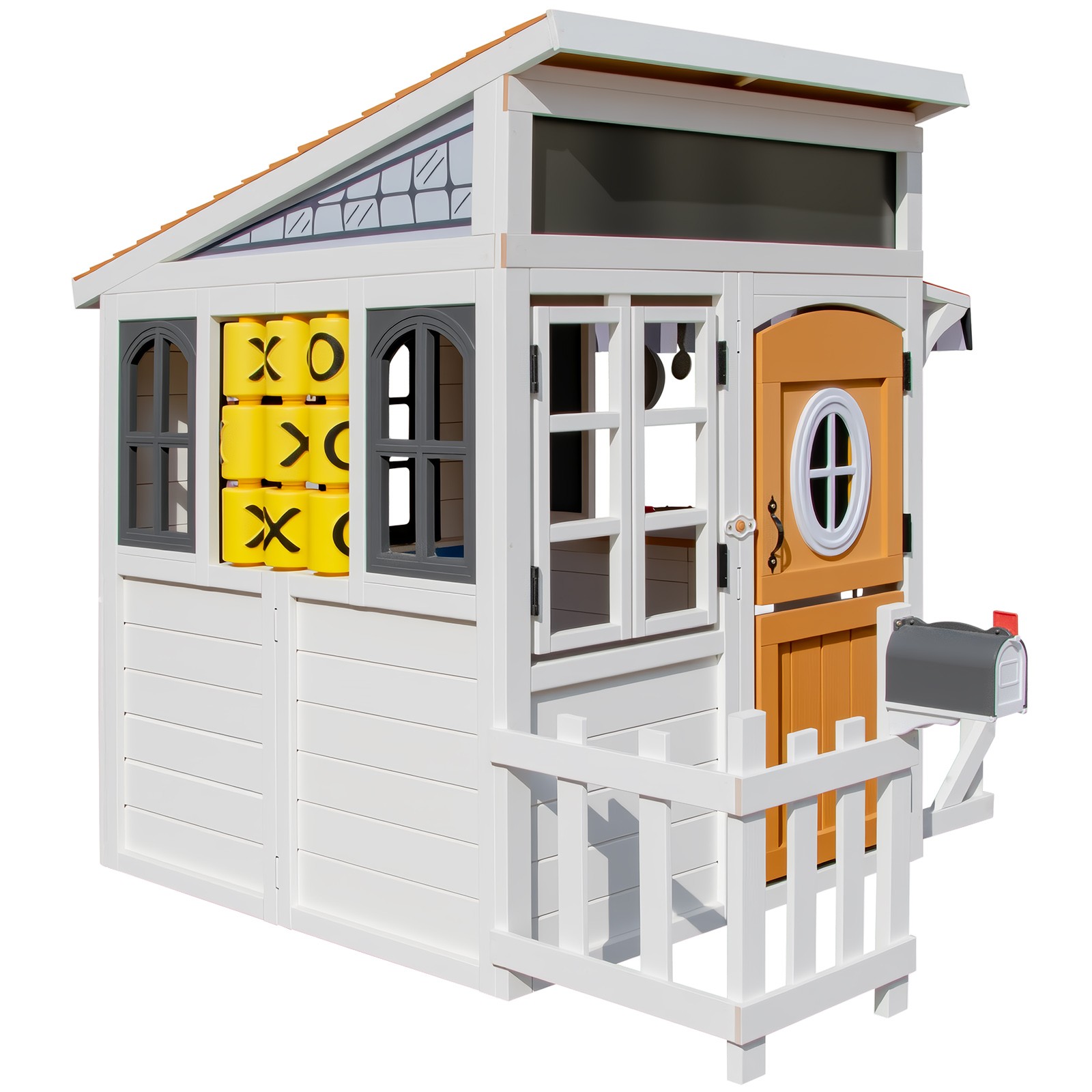 Kids Wooden Playhouse Outdoor Cottage Play Kitchen,Bench,Blackboard,Tic-Tac-Toe