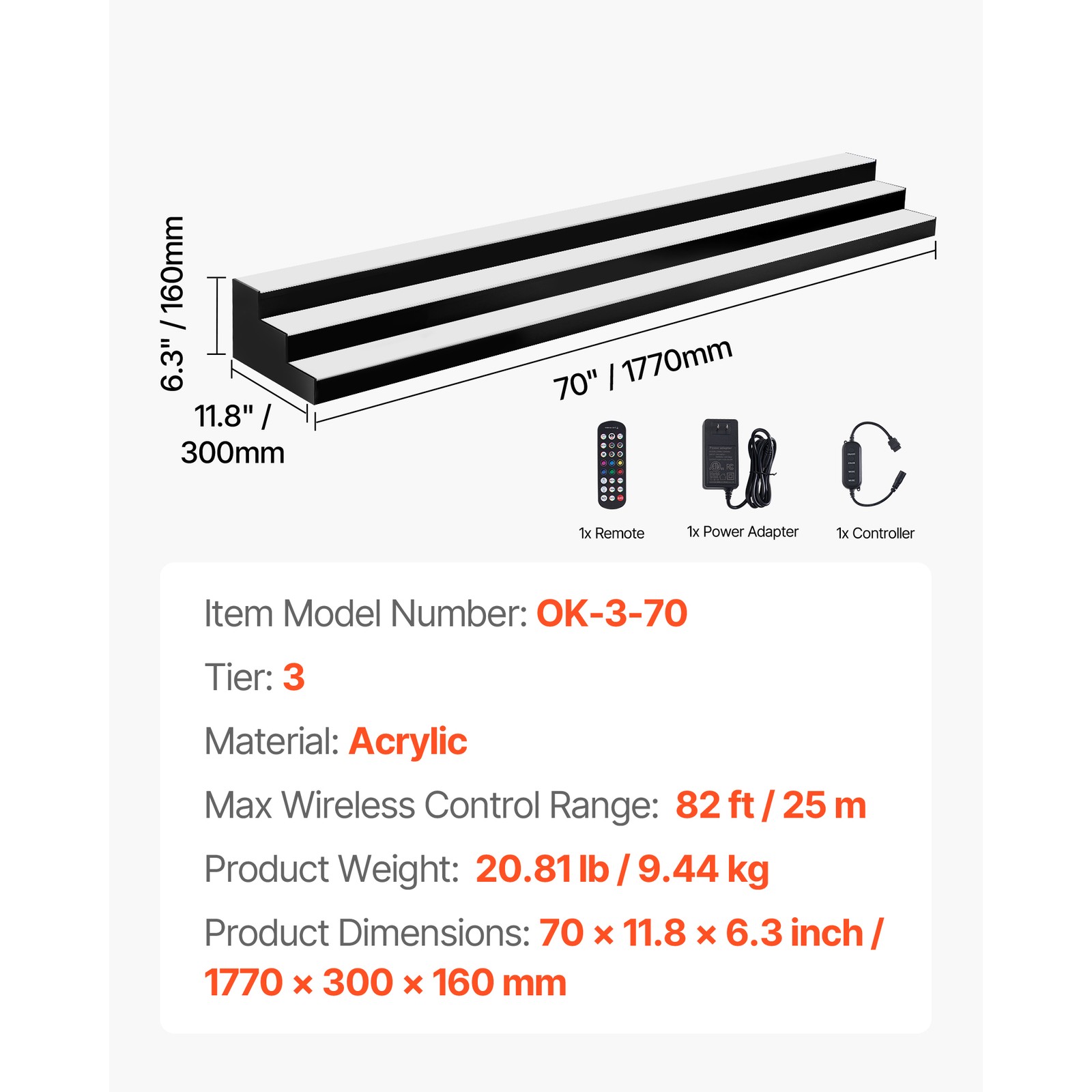 Uimoso LED Illuminated 3-Tier Liquor Bottle Display, 70 Inches, Holds 52 Bottles