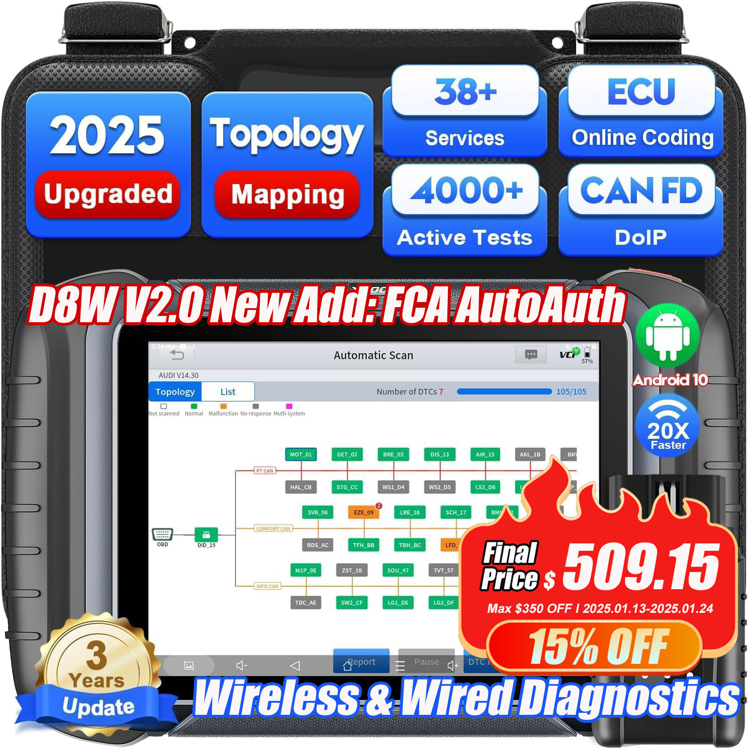 2025 XTOOL D8W V2.0 All System Diagnostic Tool Bi-directional Key Programmer FCA