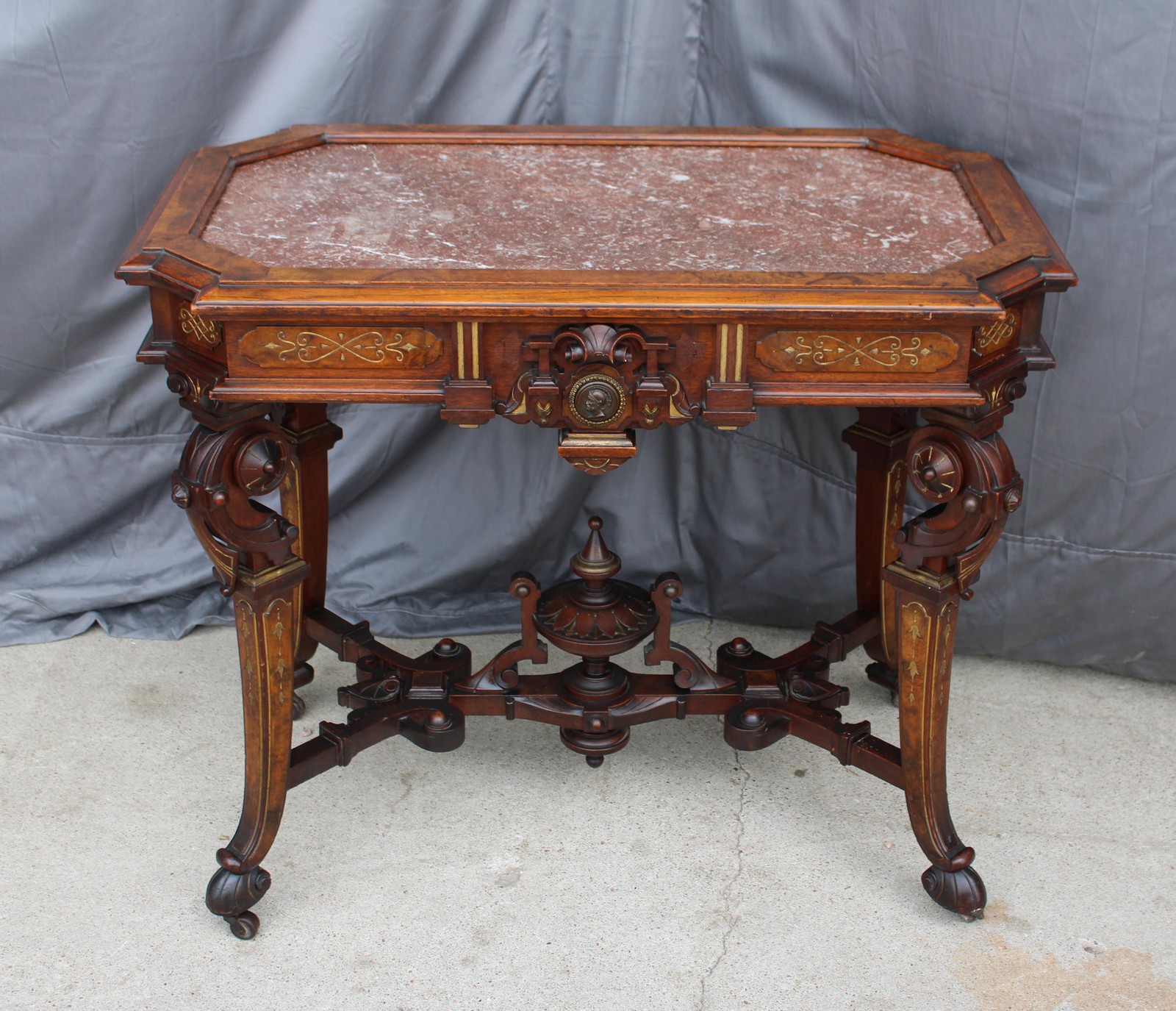 Antique Victorian Renaissance Revival Parlor table with framed Brown Marble top