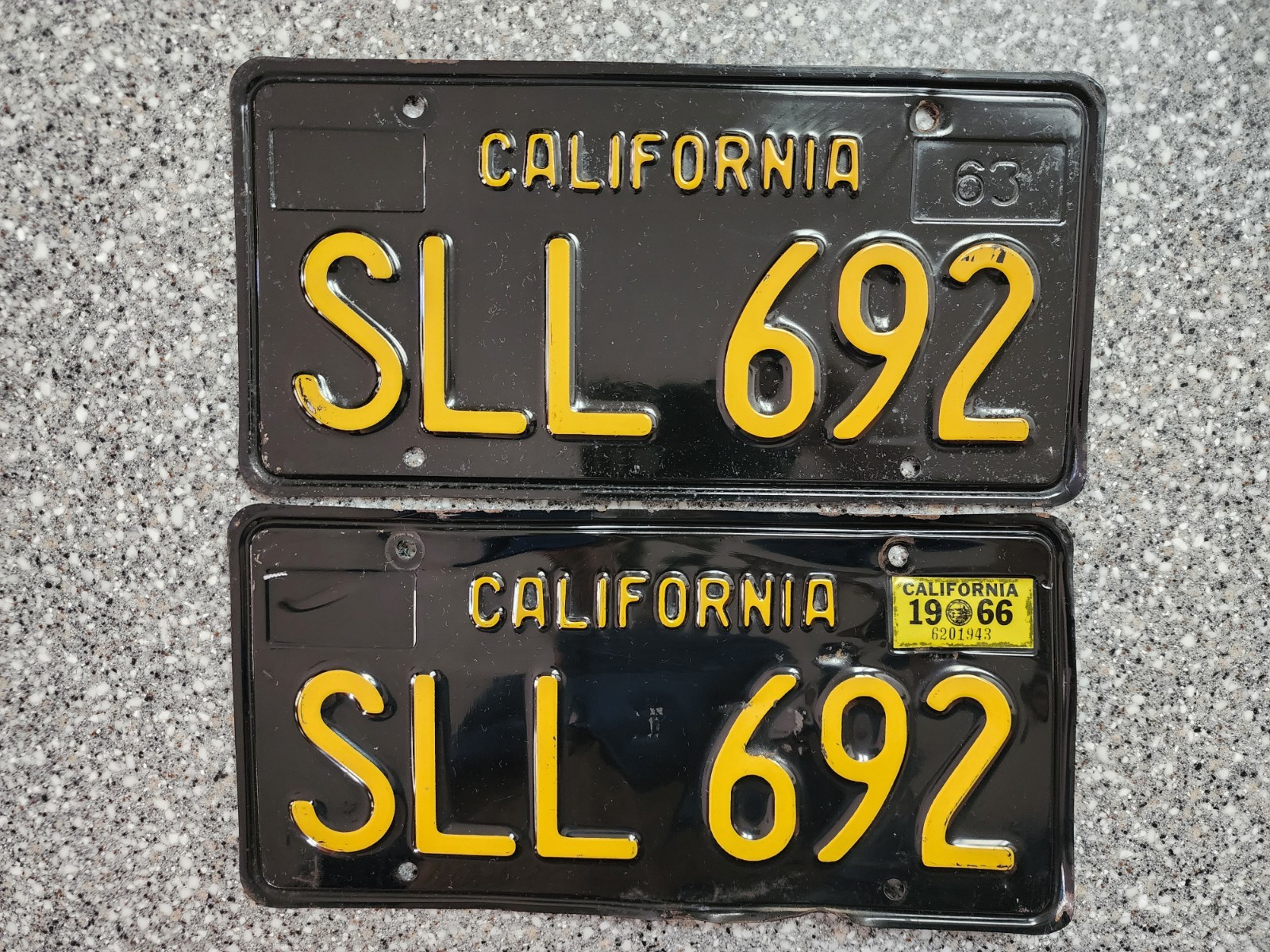1963 Black California License Plates, 1966 Validation Sticker, DMV Clear,