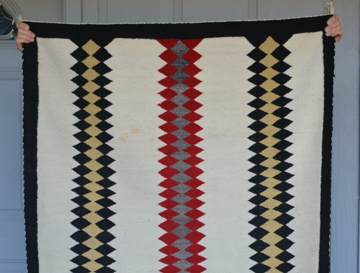 Old Navajo Rug - Red Black Tan Grey Vertical Bands on White Ground - 62 x 42.5