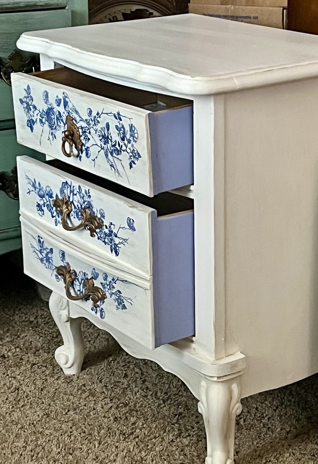 Vintage French Provincial Flow Blue and Cream Night Stand