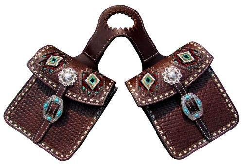 Showman Basket Weave Tooled Leather Horn Bag w/ Beaded Inlays & Turquoise Stone