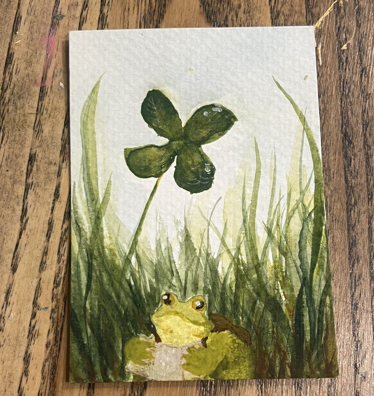 ACEO PRINT froggy’s adventure 1/2 lil frog clover Watercolor Painting 3.5x2.5