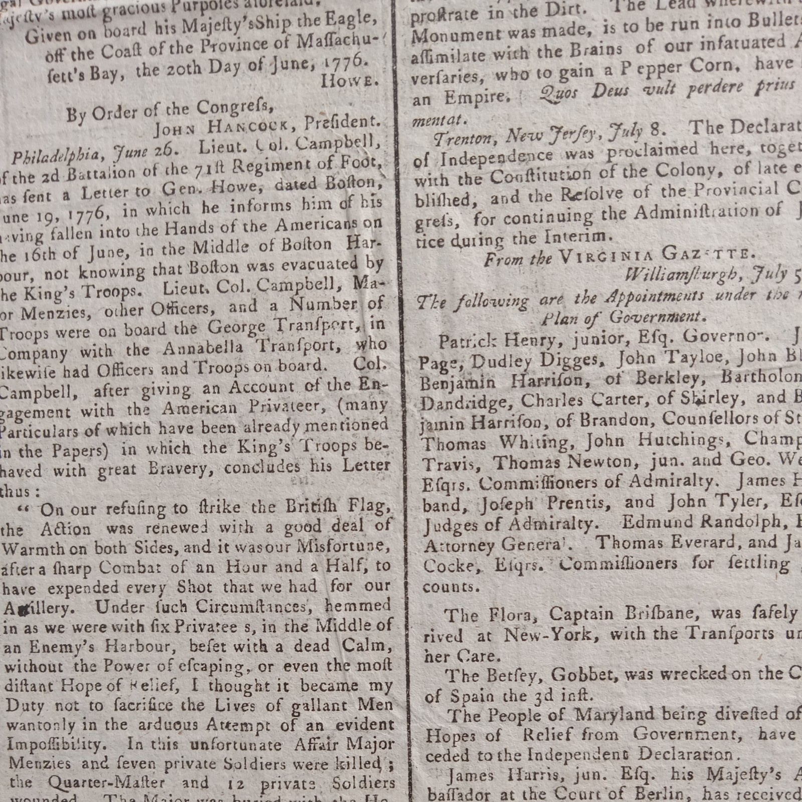 "DECLARATION OF INDEPENDENCE" Front Page Mentions - 1776 British Newspaper