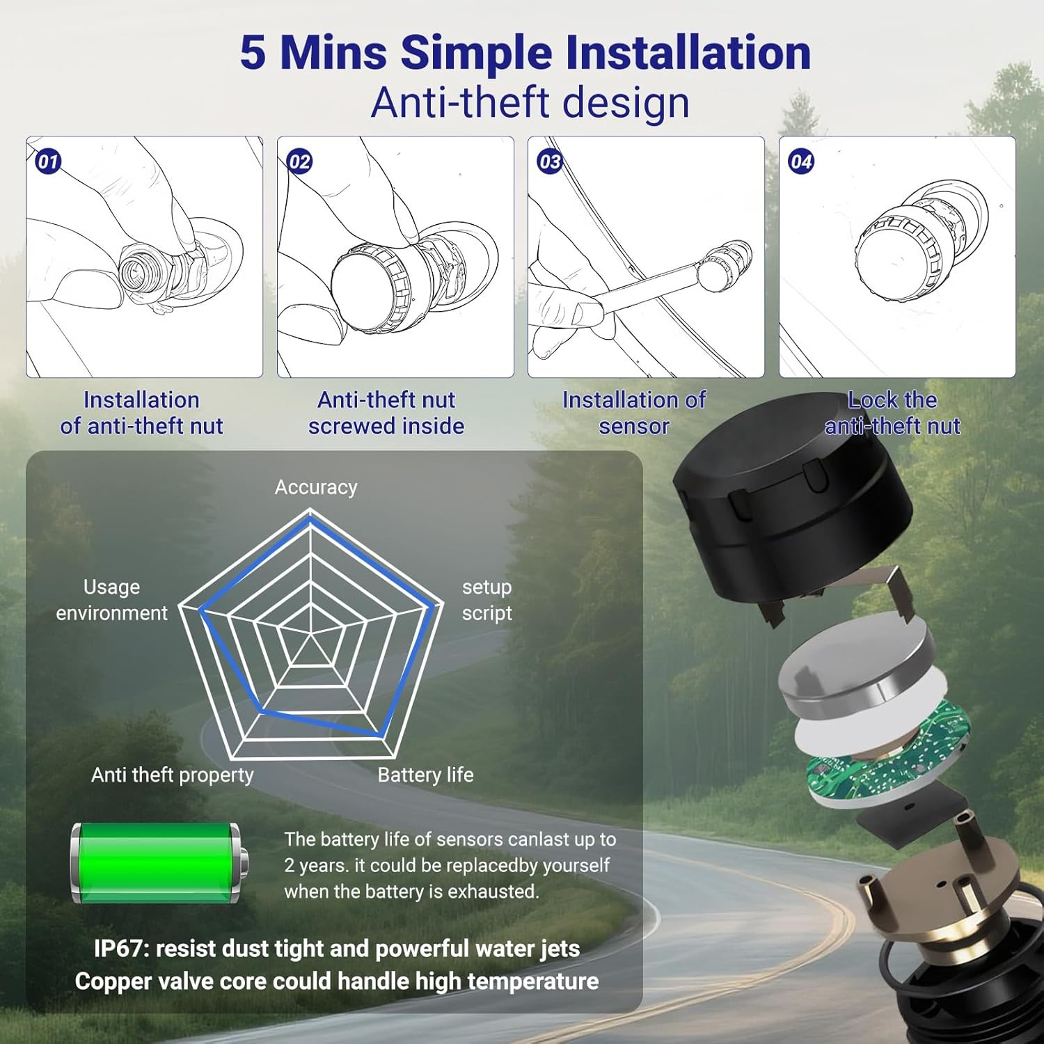 Wireless Solar TPMS LCD Car Tire Pressure Monitoring System + 4 External Sensors