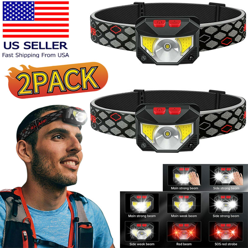 2PACK Headlamp COB LED Rechargeable Headlight Torch Work Light Bar Head Band USB