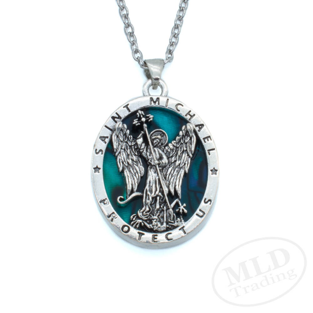 Saint St Michael Pendant Necklace, Religious Protector Medal, Alloy, 18" Chain