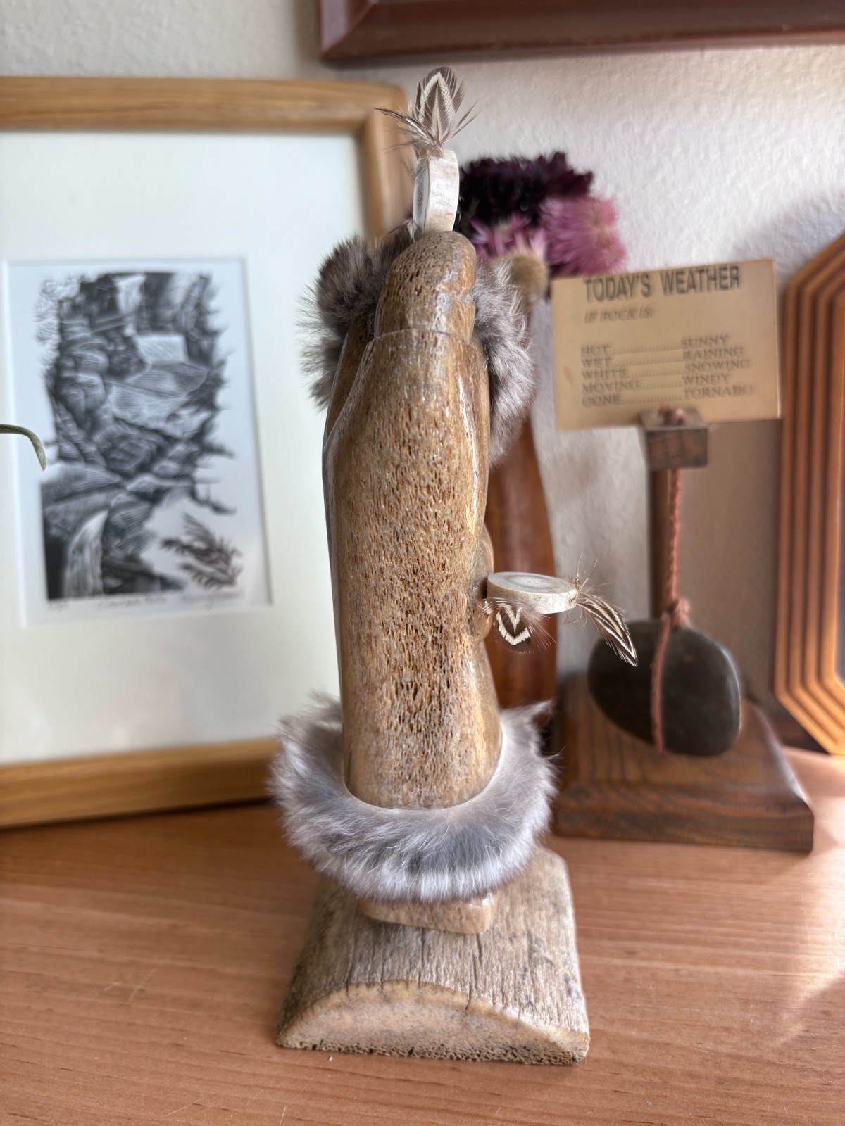 Vukson Signed Handmade Moose Antler?, Fur + Stone Inuit Eskimo Eagle Sculpture
