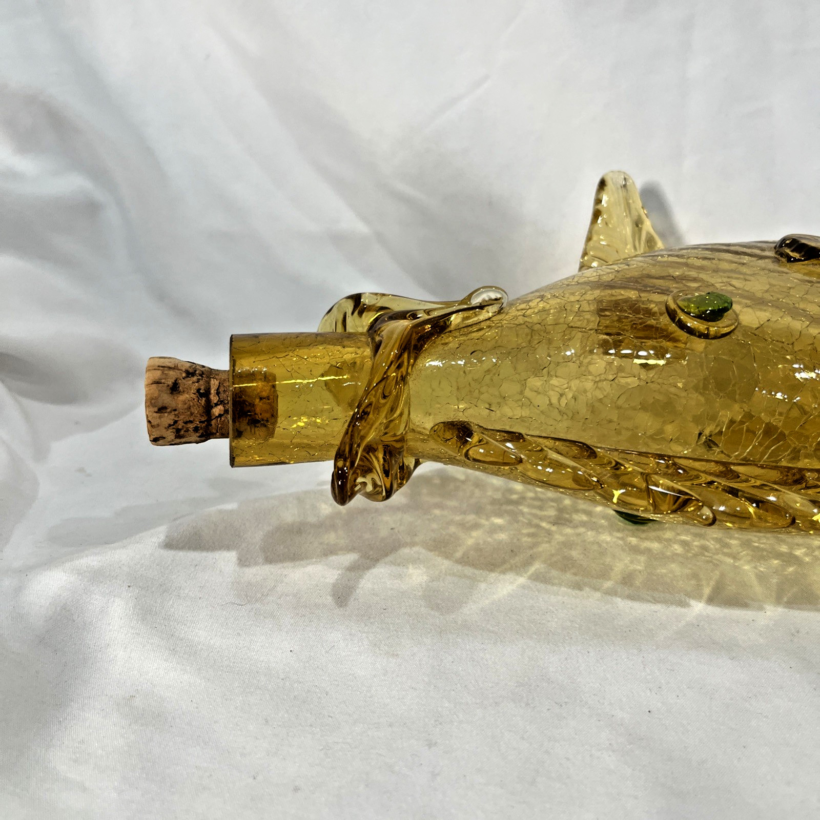 Vintage Amber Green Murano Crackle Glass Fish Decanter