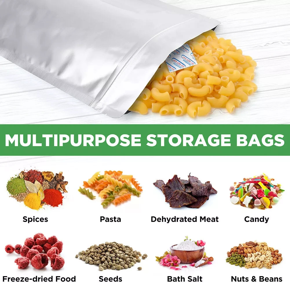 50 Pcs Mylar Bags for Food Storage With Oxygen Absorbers Resealable 9 Mil Silver