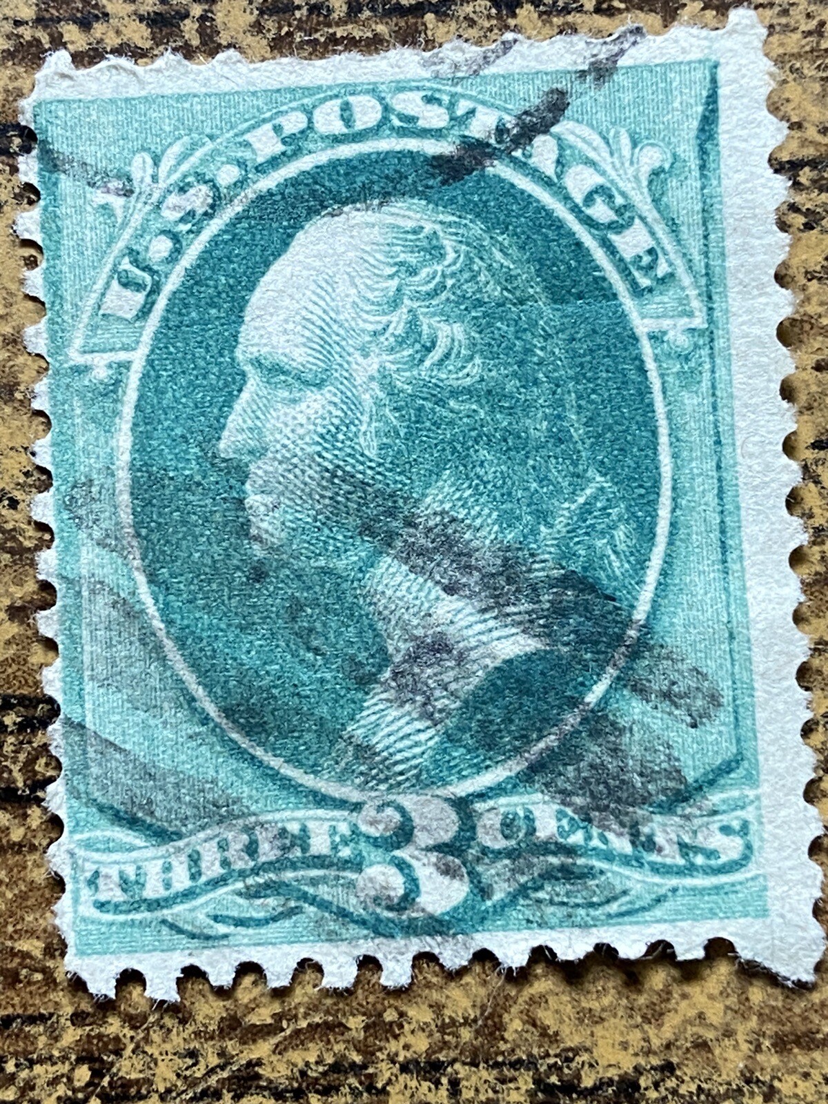 Rare Re-engraved 1882 Blue Green George Washington Three 3 Cents Bank Note Stamp