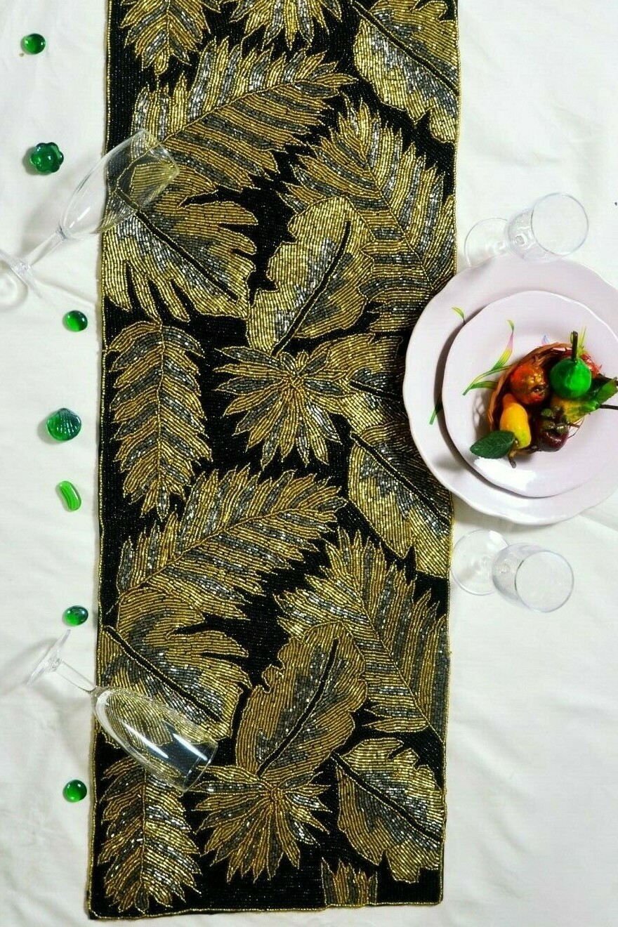 Beaded Table Runner Black And Gold Leaves Table Runner Autumn Tableware 13X36 In