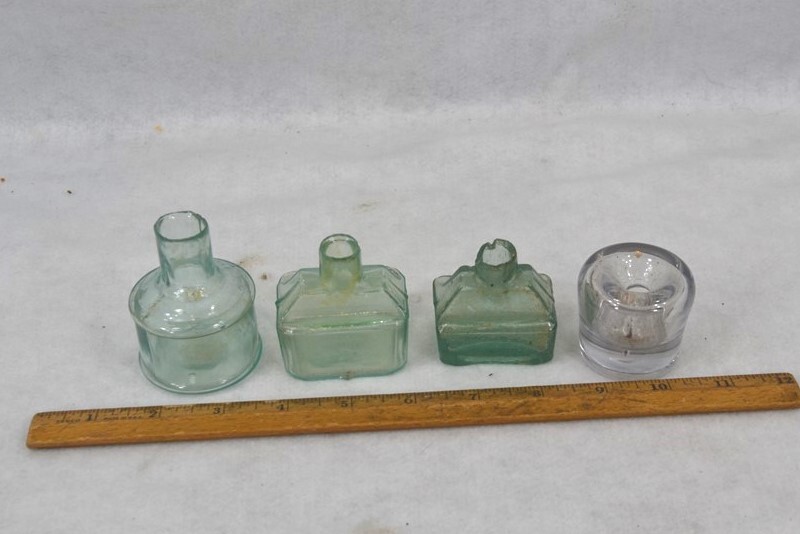 antique ink bottle lot round, cottage, desk 4 sheared tops light aqua original