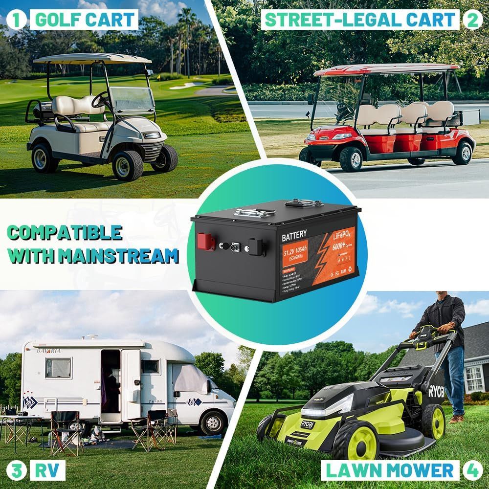 48V 105Ah Lithium Golf Cart Battery 200A BMS 6000+Cycles APP Charger Monitor Set