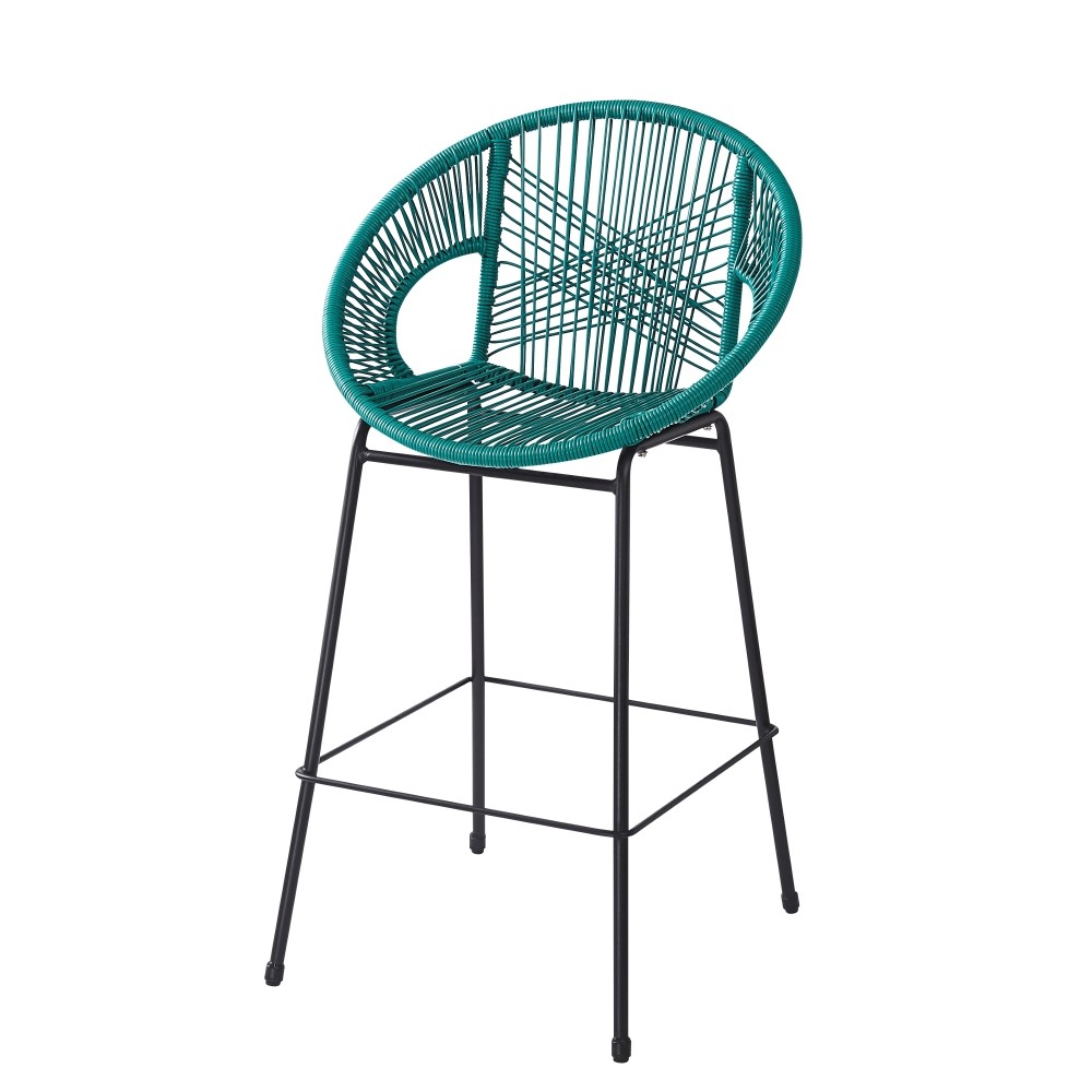 2 Teal & Black Patio Bar Stool Set, Faux Rattan Wicker, UV Resistant