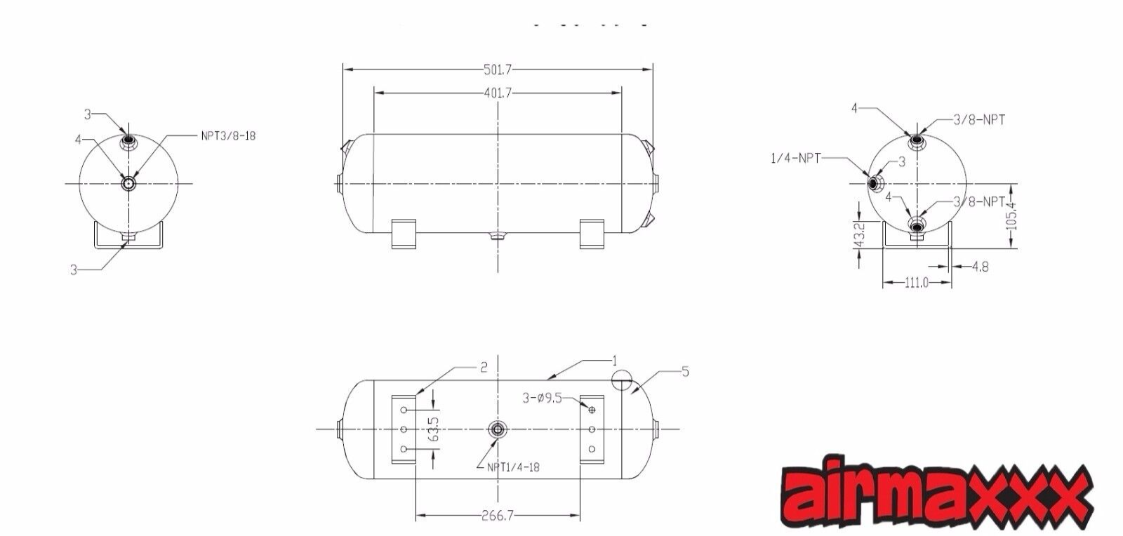 airmaxxx 3 Gallon 6 Port Steel Air Tank Air Suspension Train Horn Compressor