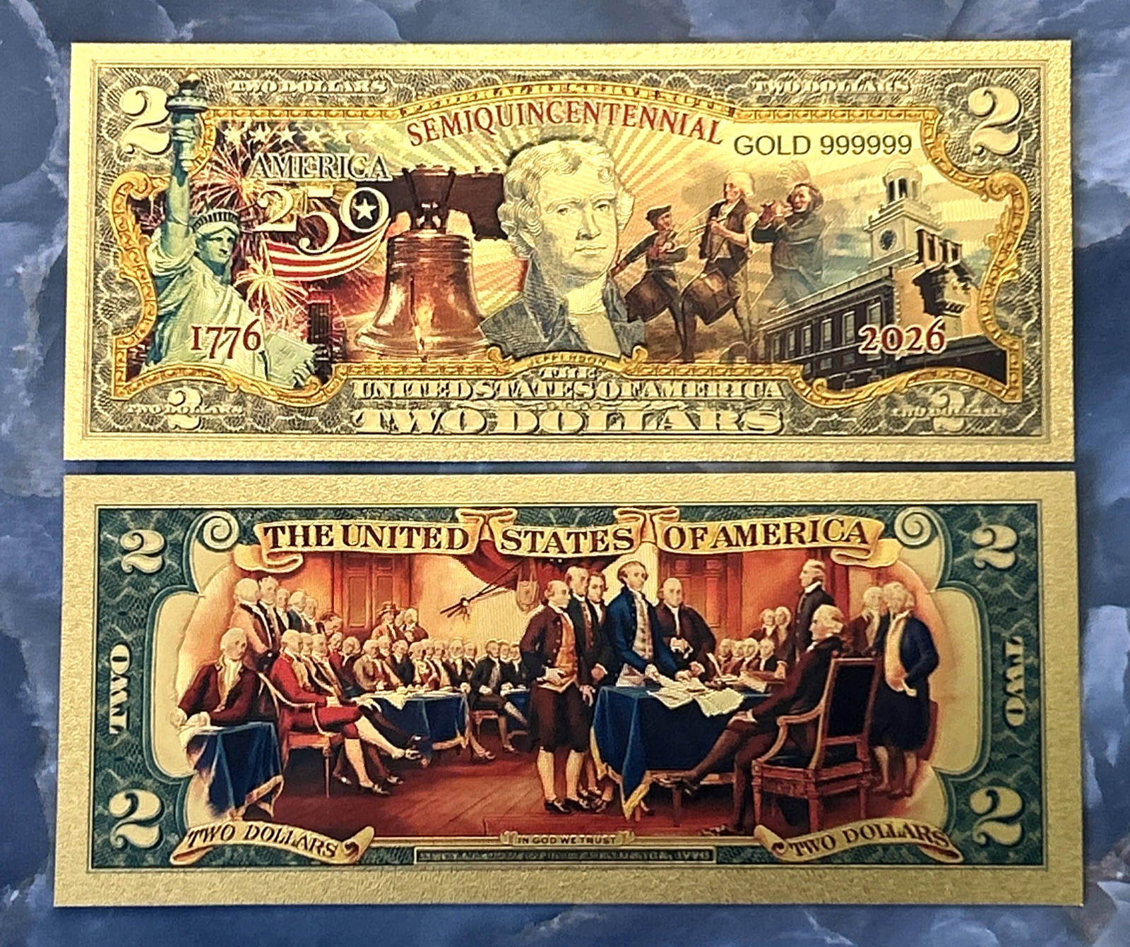 USA *250th Anniversary $2 Banknote 24K GOLD Plated Foil Rep. Collection Bill