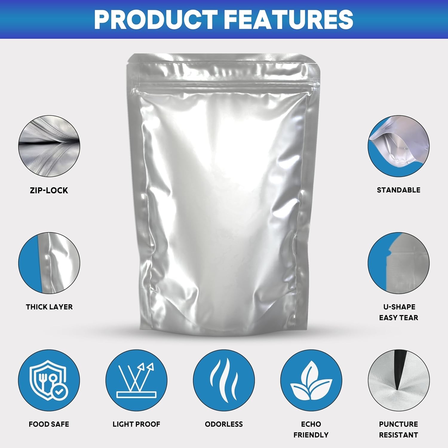 50 Pcs Mylar Bags for Food Storage With Oxygen Absorbers Resealable 9 Mil Silver