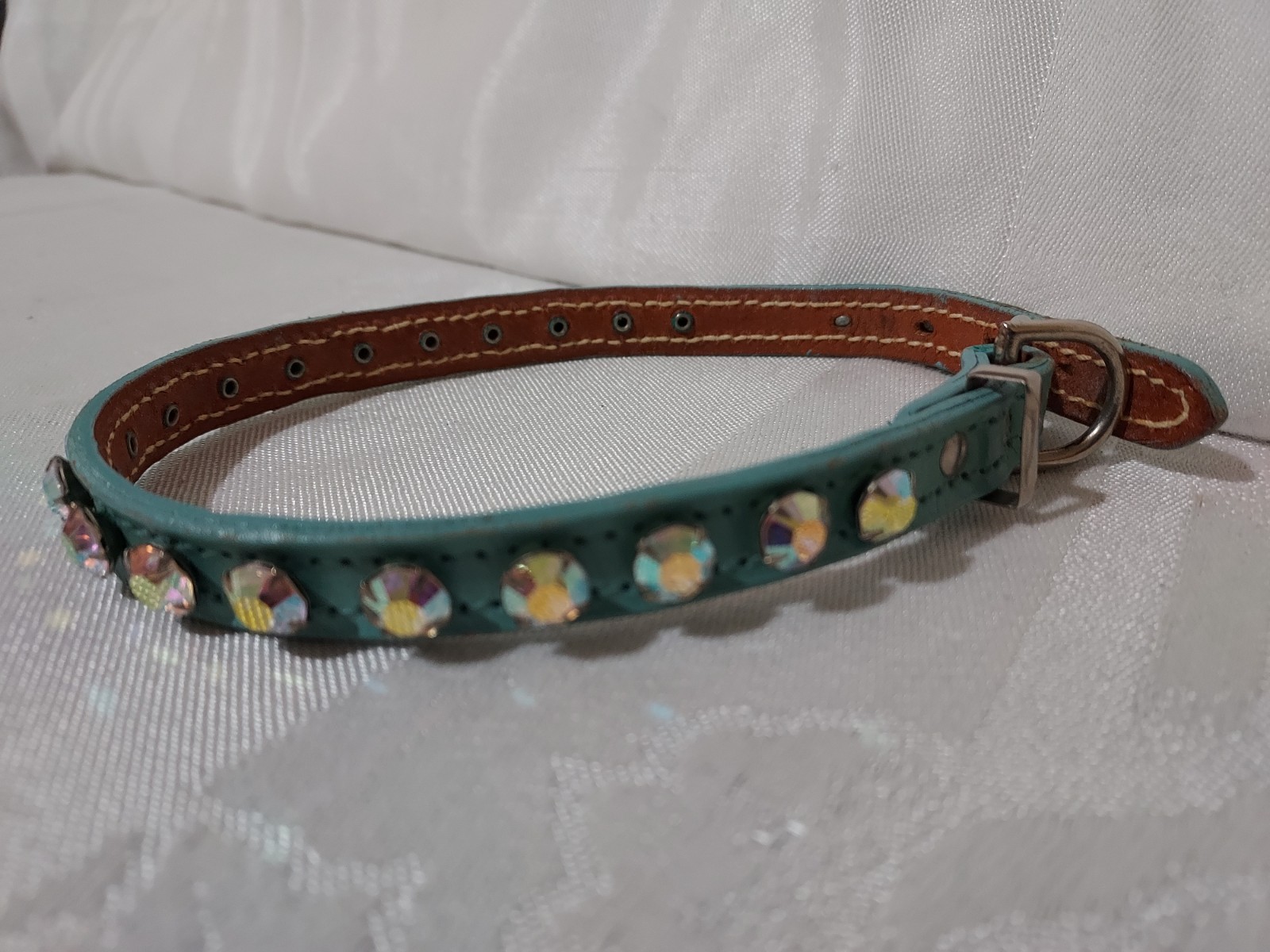 Rare Vtg Rhinestone Jeweled Turquoise Leather Pet Collar & Leash Set 11.5"-13.5"