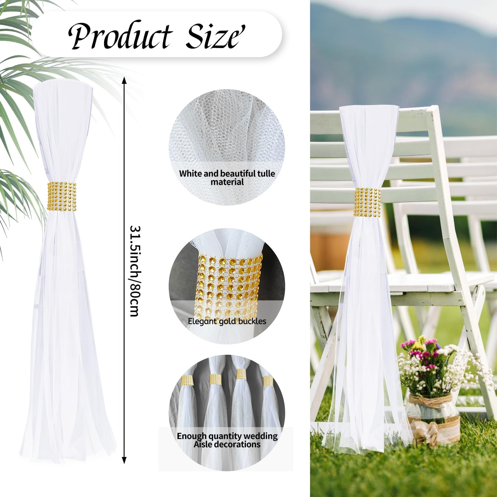 26 Large White Pew Bows Tulle Wedding Aisle Chair Decorations Gold Wrap