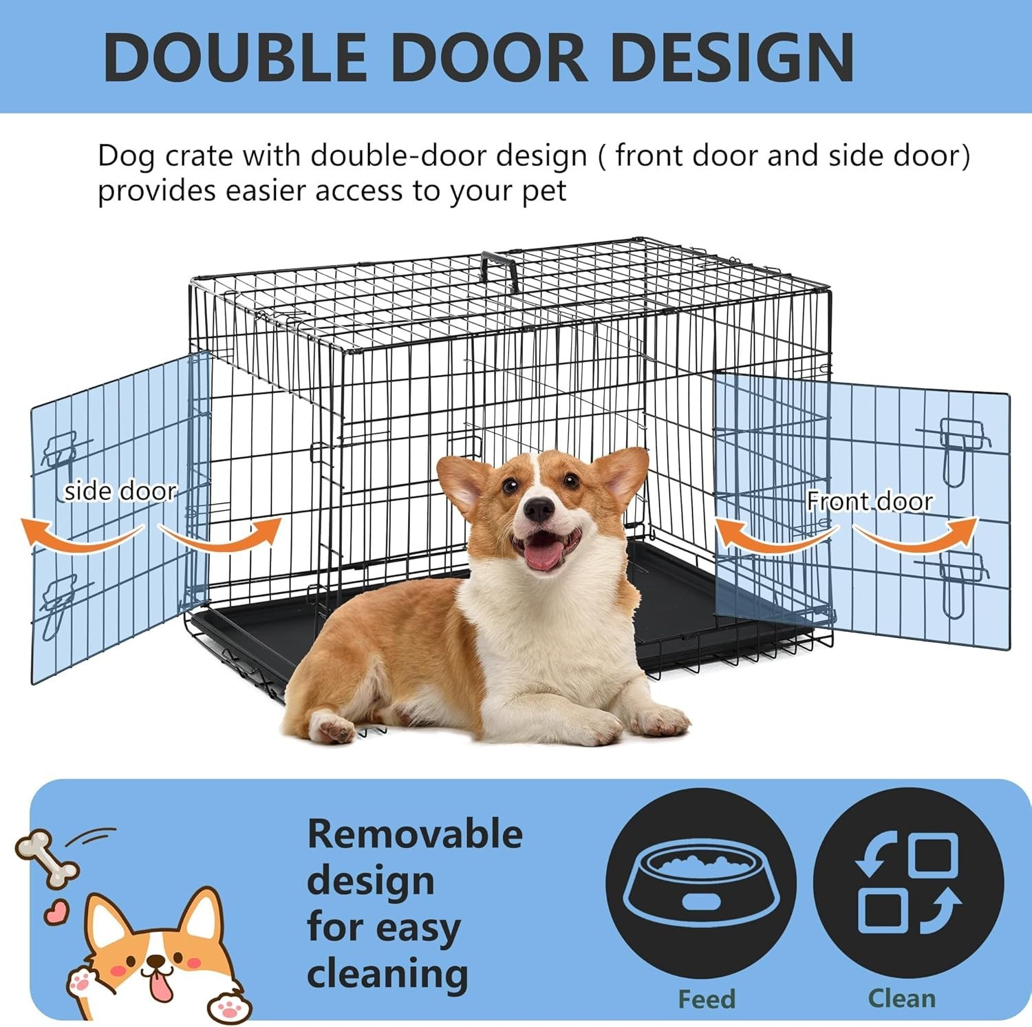 30in Dog Crate Double Door Folding Metal Wire Cage Divider Tray Medium Black