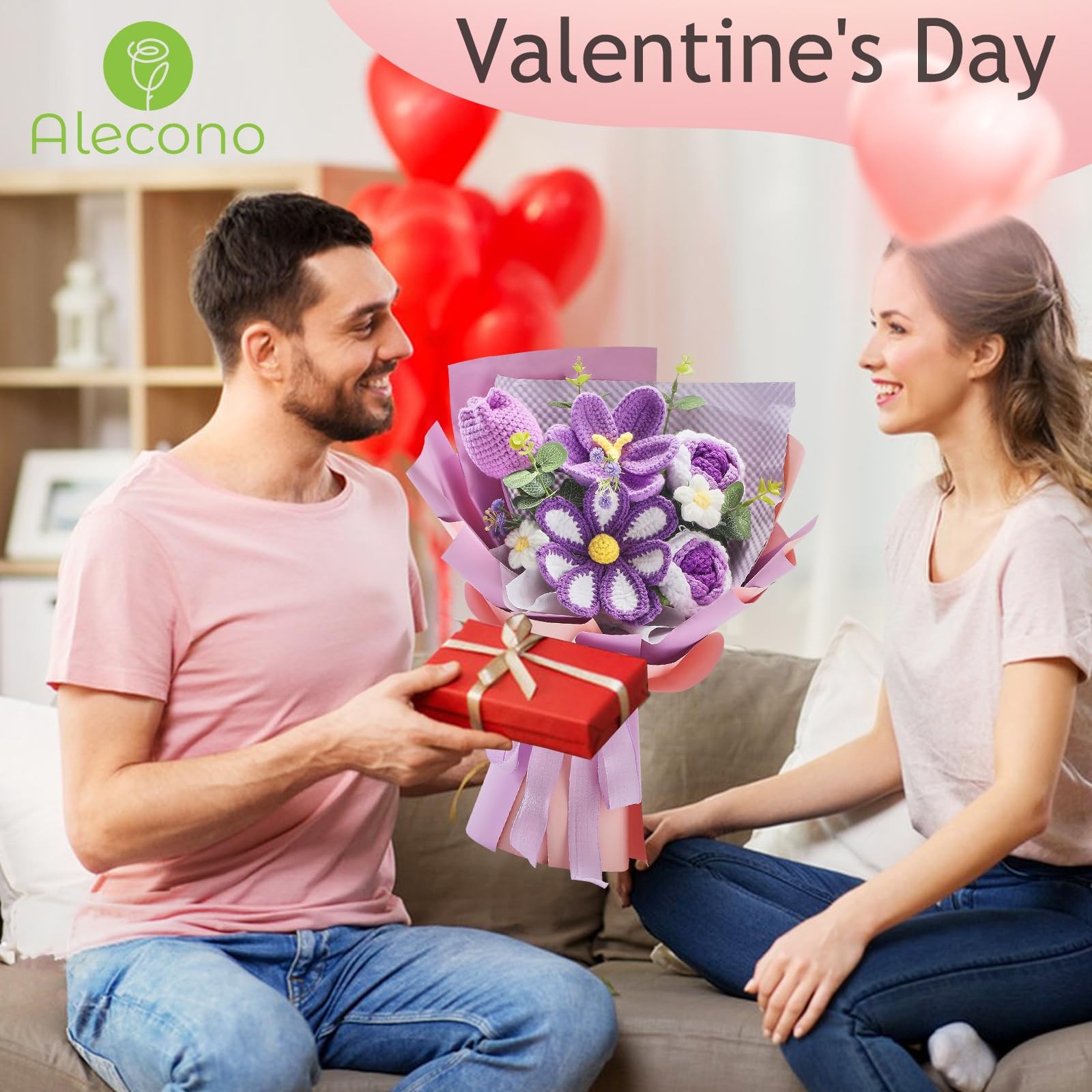 Alecono Crochet Flower Bouquet, Purple Knitted Flowers, Large,