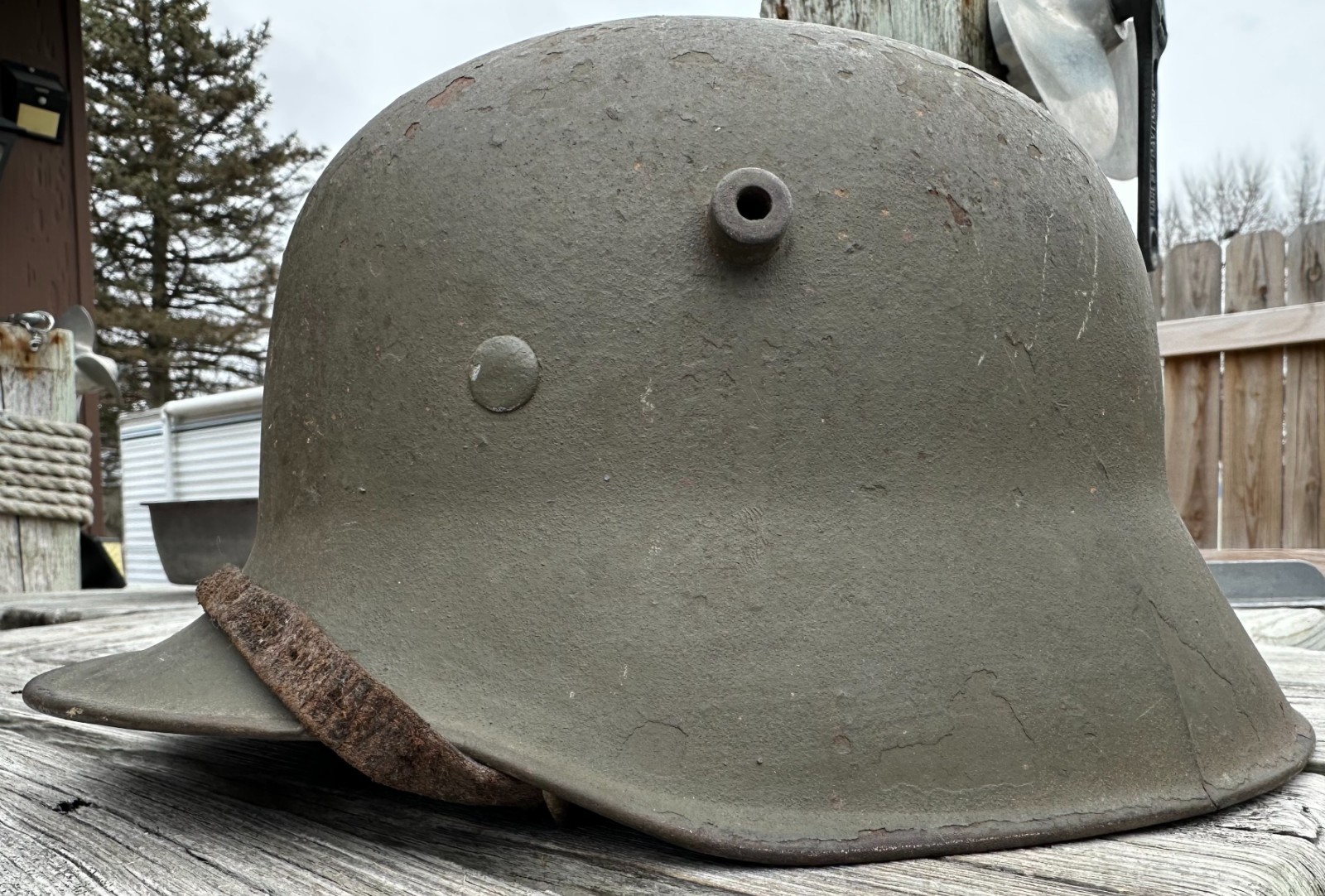 WWI WWII German M18 Combat helmet - thick camo finish - 1938 chinstrap