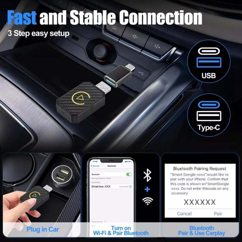 Wireless CarPlay Adapter for Apple iPhone Android USB Adapter Plug & Play