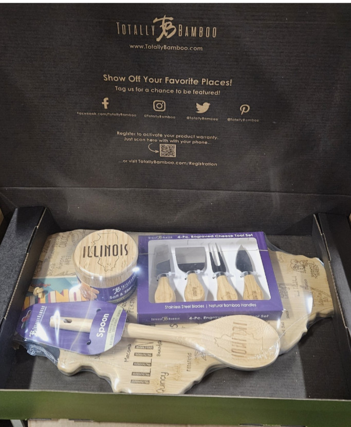 Totally Bamboo Illinois Destination Board, Cheese Tool, Salt Box & Cooking Spoon
