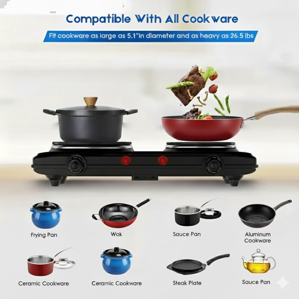 Portable Hot Plate Electric Stove Cooktop Double Burner 120V Burner for Cooking