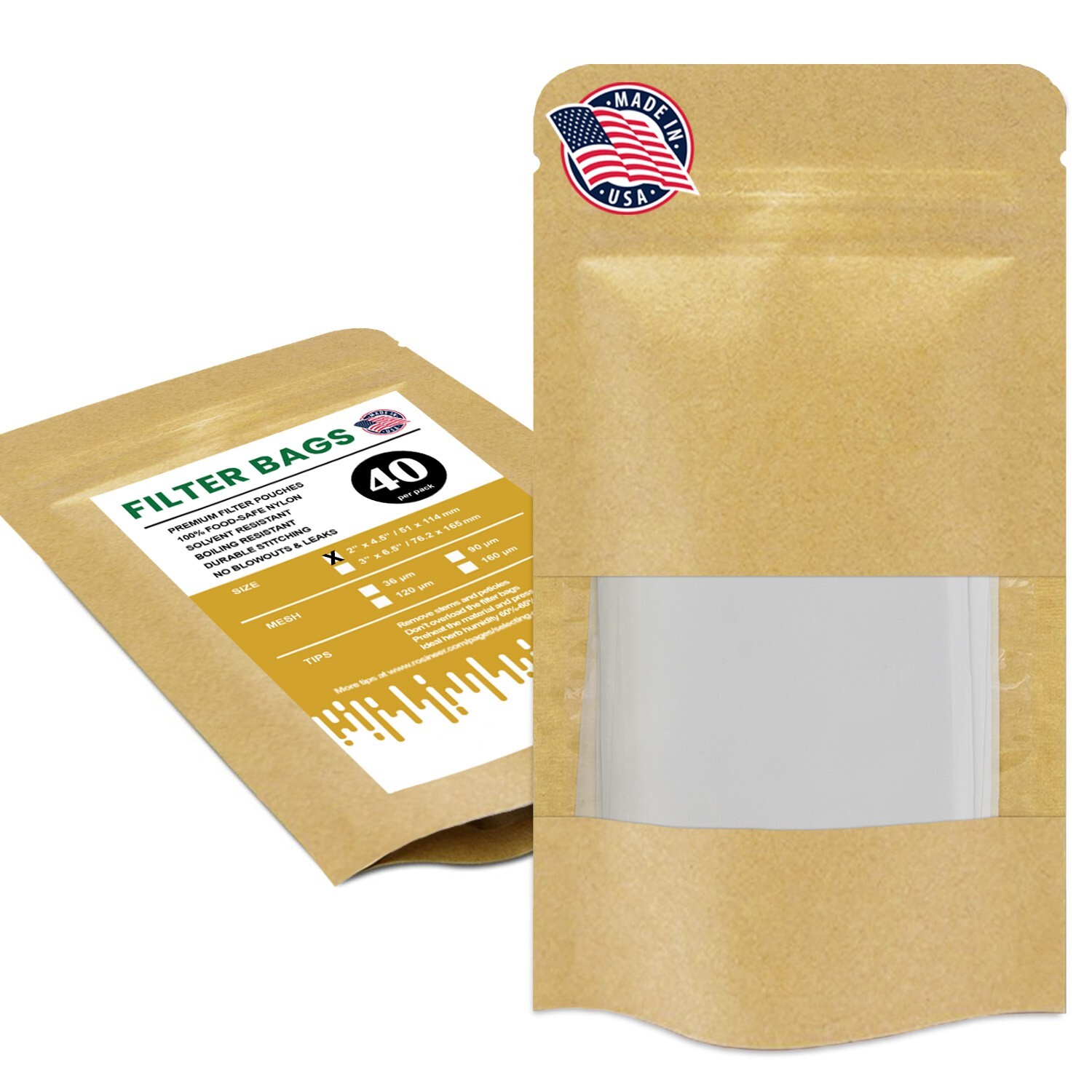 Premium Nylon Mesh Rosin Filter Bags, 2"x4.5", 40Pc Value Pack, 36/90/120 Micron