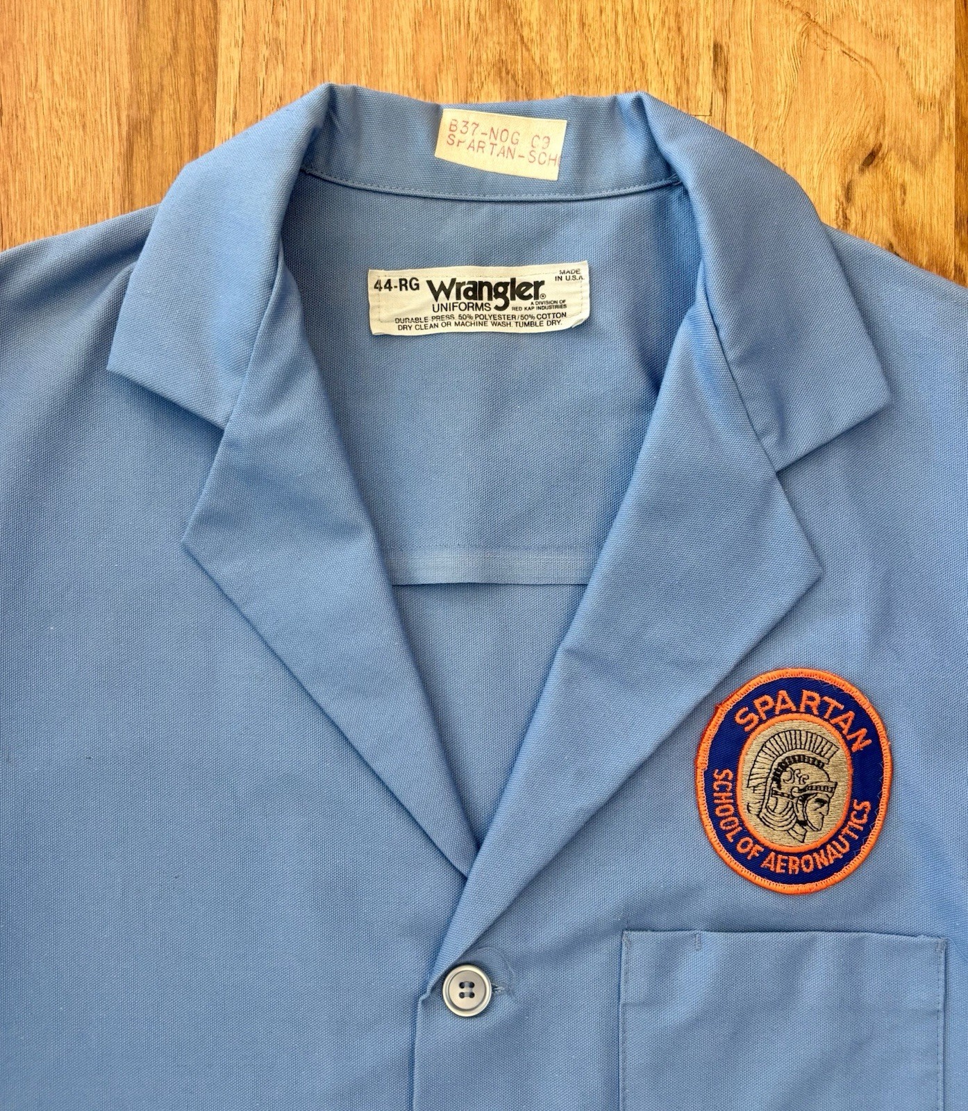 Vintage Wrangler Blue Lab Shop Coat 44 Spartan School of Aeronautics Patch USA