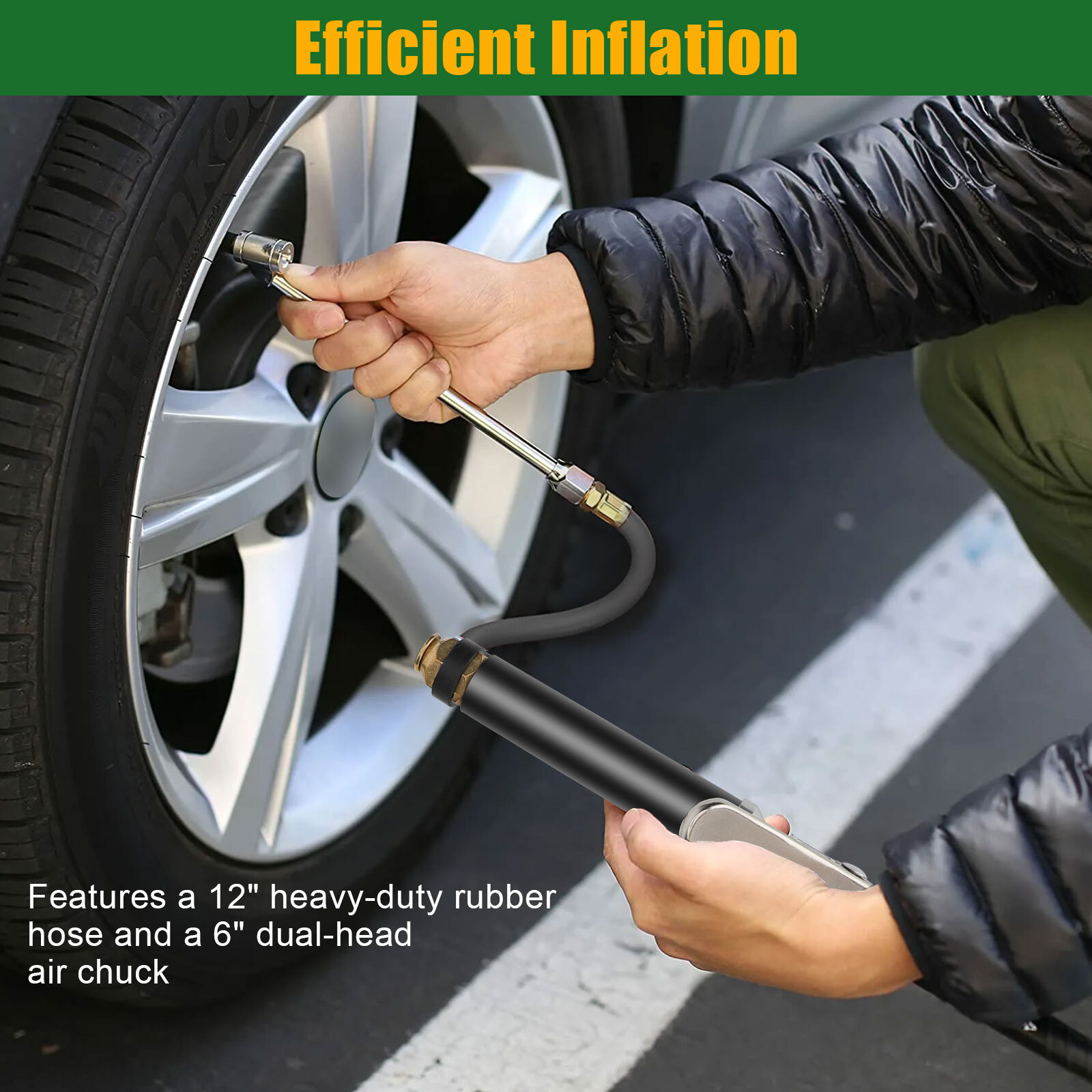 Air Tire Inflator With Pressure Gauge Dual Head Chuck 12" Compressor Rubber Hose