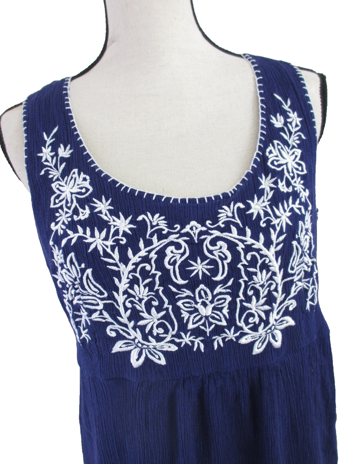 Navy Blue Applique Embroidered Sun Dress Women's 14 Sleeveless Gauze Cotton Boho