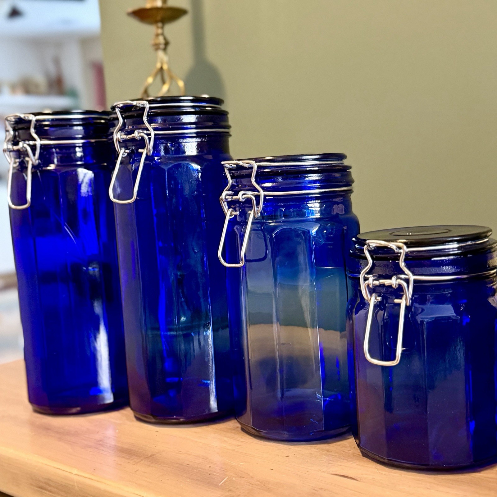 Vintage Cobalt Blue Glass Canister Set 5 Wire Bale Jars Italian Glass