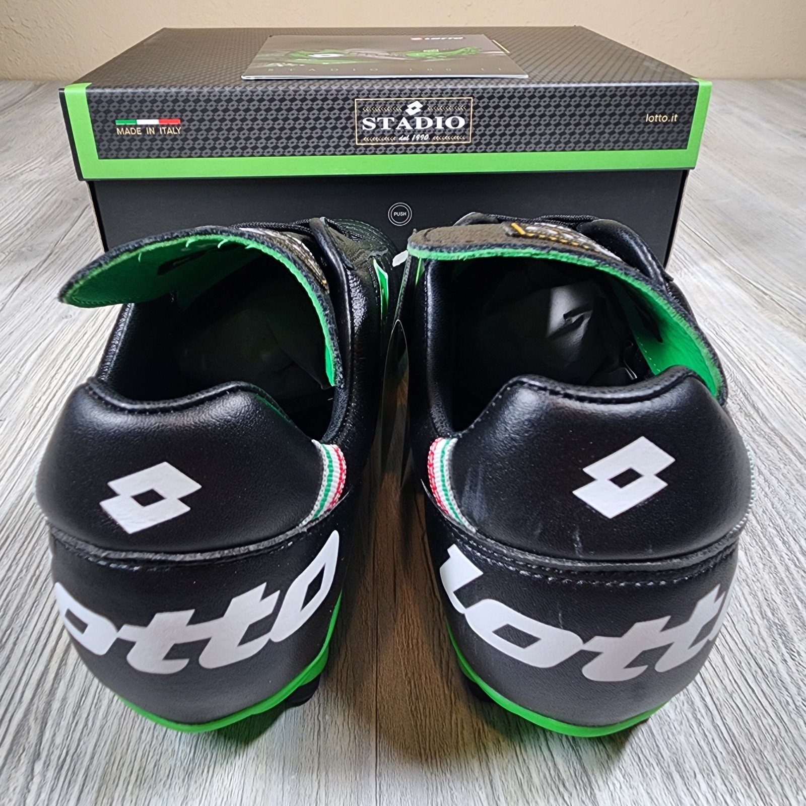 Lotto Stadio OG II FG Soccer Black/Green Mens Sizes 6.5-12 New Made In Italy