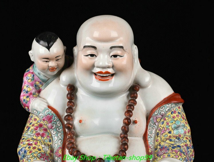 11.8''Old Famille Rose Porcelain Gilt Tongzi Happy Laugh Maitreya Buddha Statue