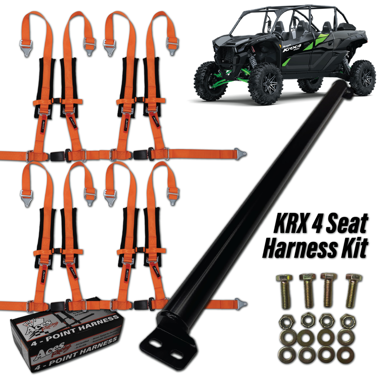 (Orange)  4x 4-Point Harnesses w/ Harness Bar Kit for Kawasaki KRX 1000 4 Seat